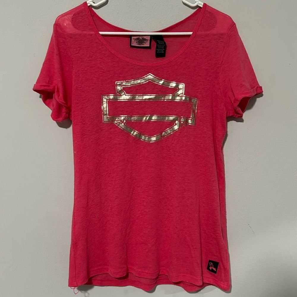 Vintage Y2K Harley-Davidson Breast Cancer Awareness Pink Metallic Logo Tee M